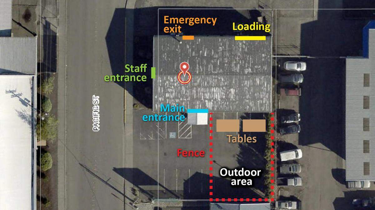 An aerial photo shows the possible layout for the proposed new day homeless shelter at 2020 Pacific St.