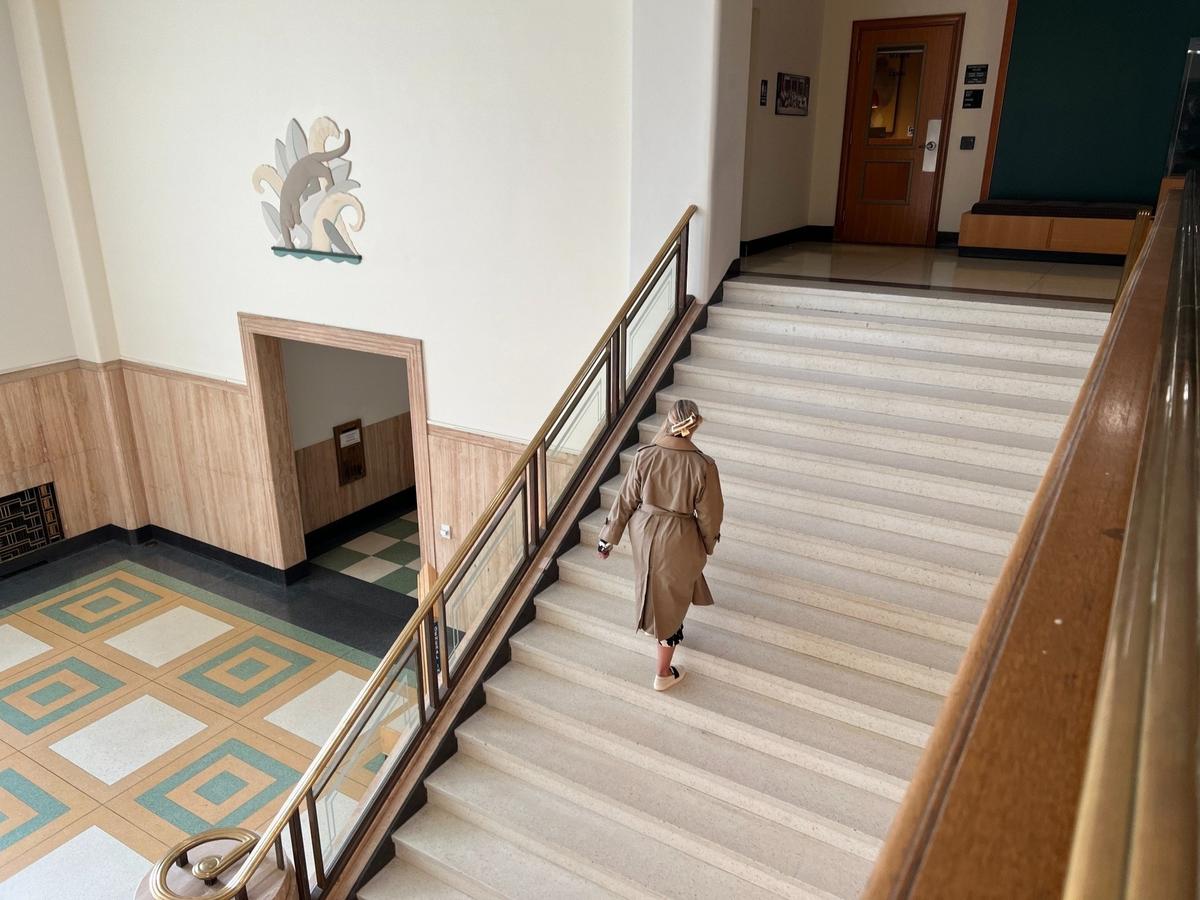 Bellingham Mayor Kim Lund ascends the steps to her office in City Hall on Oct. 31, 2024.