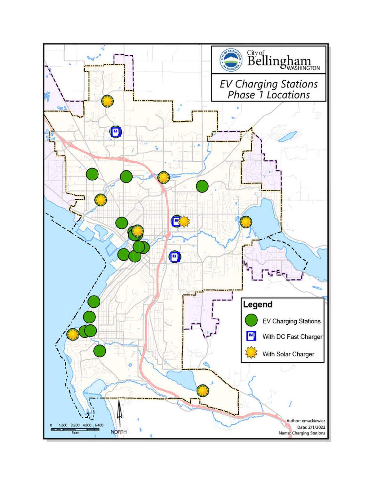 A map shows the location of planned new EV charging stations around Bellingham.