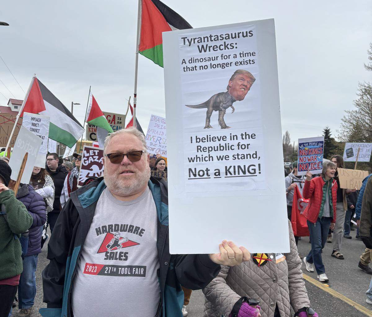 Michael Jay at at Bellingham’s No Kings rally March 28, 2026.