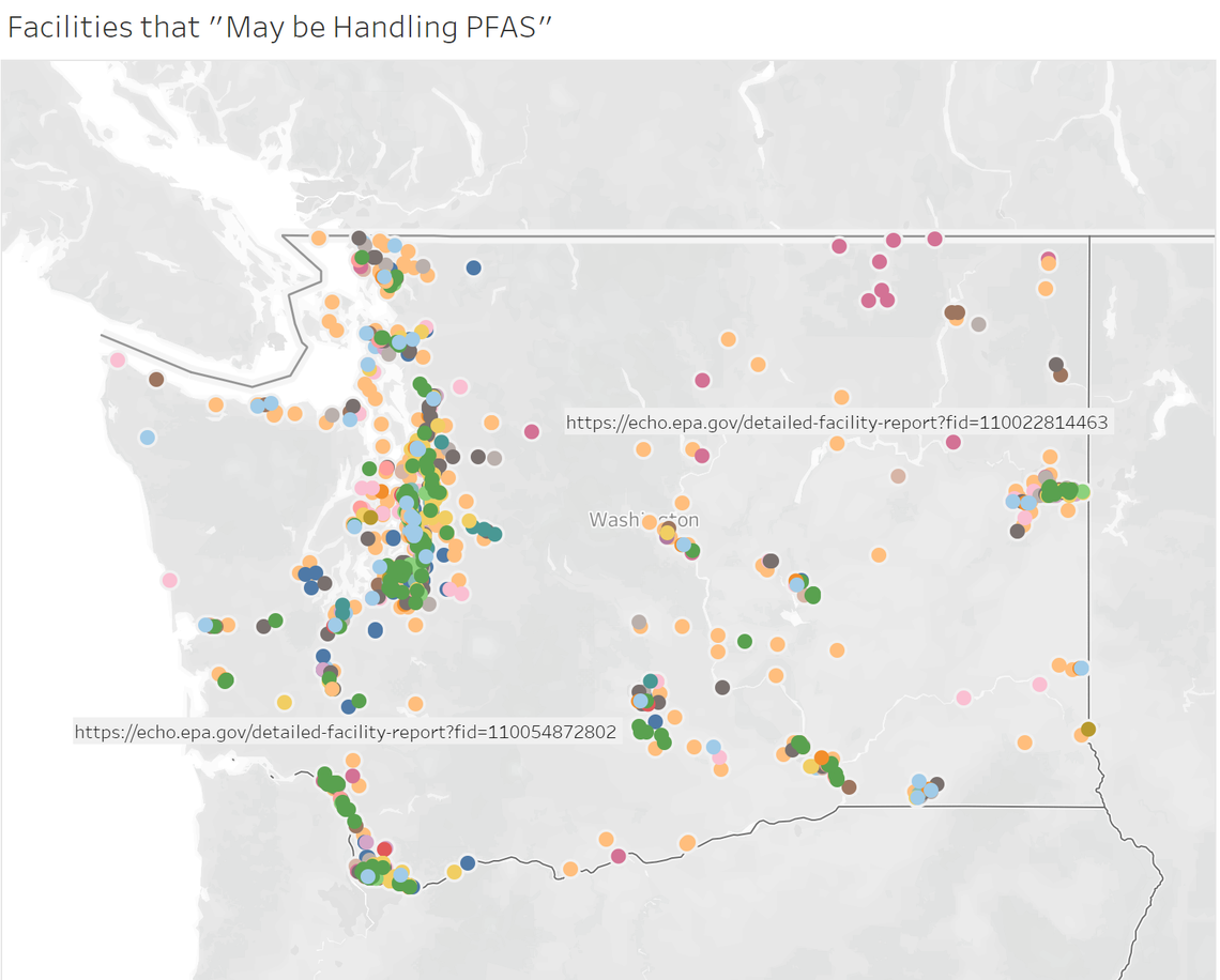 Federal data obtained by Public Employees for Environmental Responsibility shows the location of facilities in Washington that may be handling dangerous PFAS compounds.