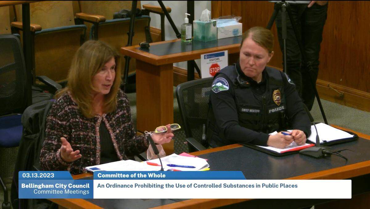 In a screen grab from a televised hearing at Bellingham City Hall on Monday, March 13, Bellingham Municipal Court Judge Debra Lev, left, and Police Chief Rebecca Mertzig answer City Council members’ questions about Mayor Seth Fleetwood’s plan to criminalize public drug use and create a “therapeutic court” to help addicts.