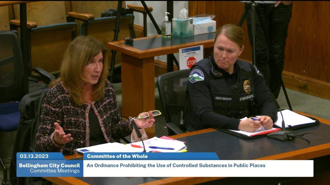 In a screen grab from a televised hearing at Bellingham (Wash.) City Hall on Monday, March 13, 2023, Bellingham Municipal Court Judge Debra Lev and Police Chief Rebecca Mertzig answer City Council member’s questions about Mayor Seth Fleetwood’s plan to criminalize public drug use and create a “therapeutic court” to help addicts.