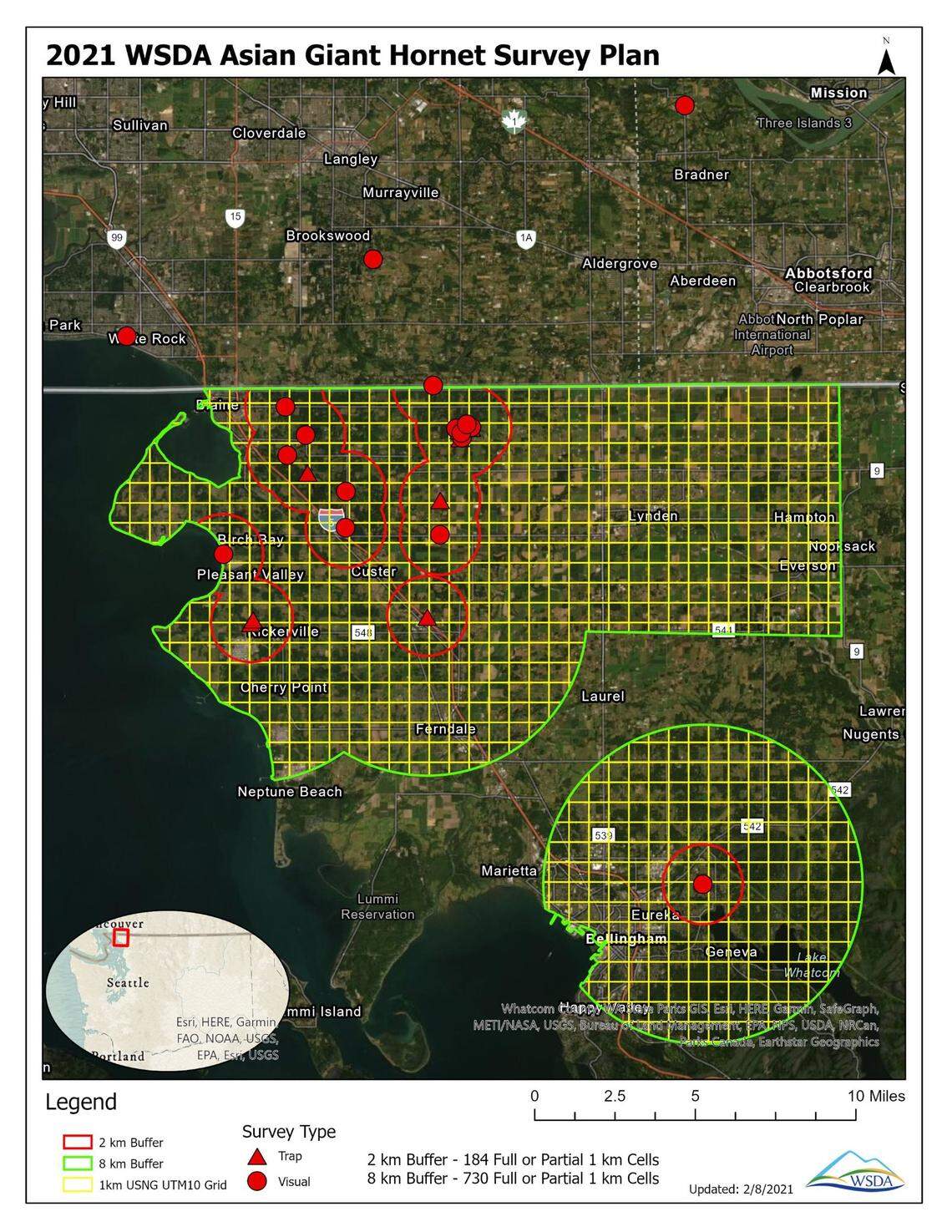 A map shows that the Washington State Department of Agriculture will focus its Asian giant hornet surveillance on Whatcom in 2021, especially the northern part of the county.