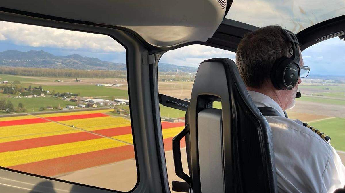 An Atomic Helicopters tour over the Skagit Valley Tulip Festival in April 2022 in Mount Vernon, Wash.