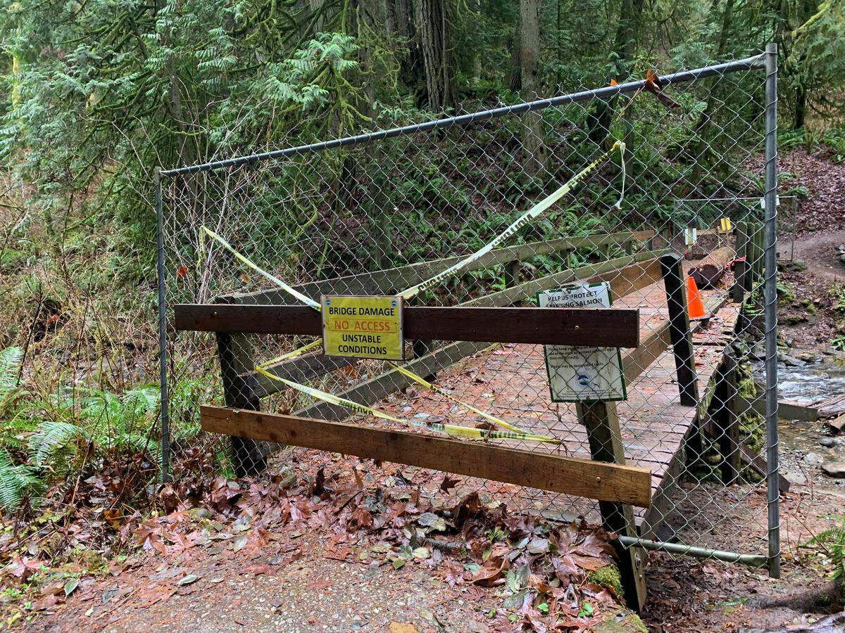 The Arroyo Park bridge over Chuckanut Creek on the Interurban Trail was damaged and closed in January of 2021.