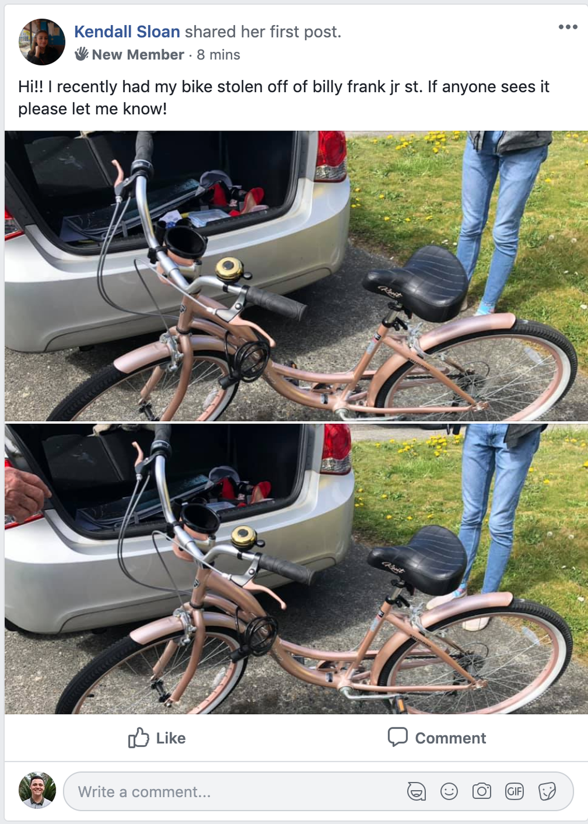 Facebook user Kendall Sloan posts about her stolen bike in the private Facebook group “Bellingham Stolen Bicycles Group” on Sunday, June 7.