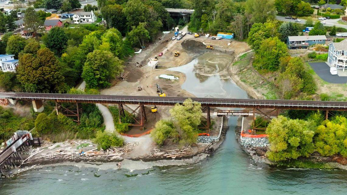 A drone camera captured a bird’s-eye view of water flowing into the new estuary at Little Squalicum Creek, in a statement published by the city of Bellingham on Friday.