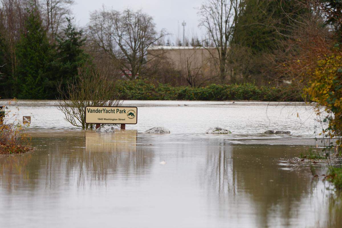 VanderYacht Park was completely flooded on December 11, 2025, after the Nooksack River overflowed its banks in Ferndale, Wash.