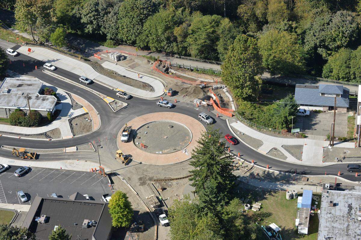 An aerial view shows the roundabout on South State Street connecting State, Wharf, Boulevard and Forest streets.