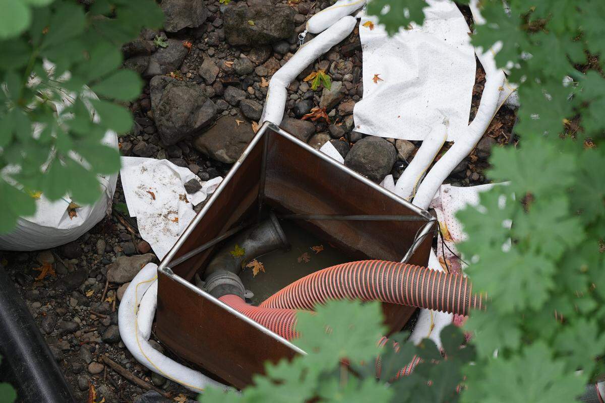 Absorbent pads have been deployed along Padden Creek from the 12th Street bridge crossing on Wednesday. Crews were working to mitigate contamination in Padden Creek after diesel was released from a pump during construction work to improve fish passage in the creek.