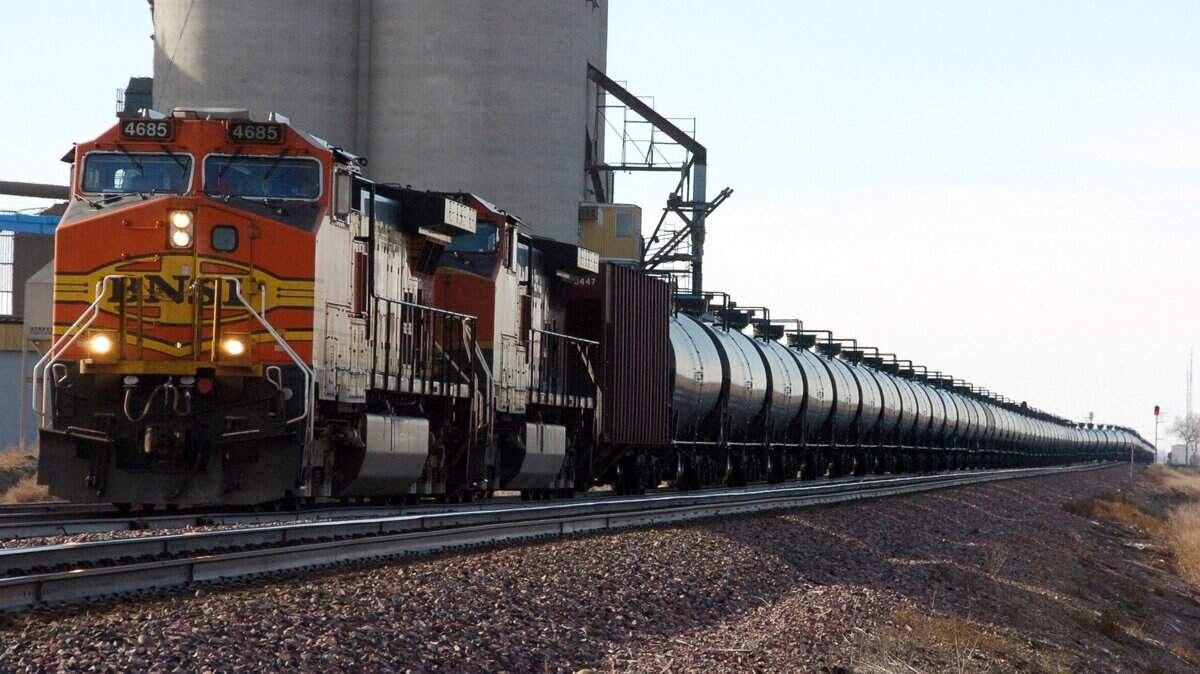 In this Nov. 6, 2013 photo, a BNSF Railway train hauls crude oil west of Wolf Point, Mont. A string of three railroad cars derailed off an industrial track early Wednesday on the Ferndale Alcoa Intalco Works property. BNSF said nobody was injured and no product was spilled in the incident.