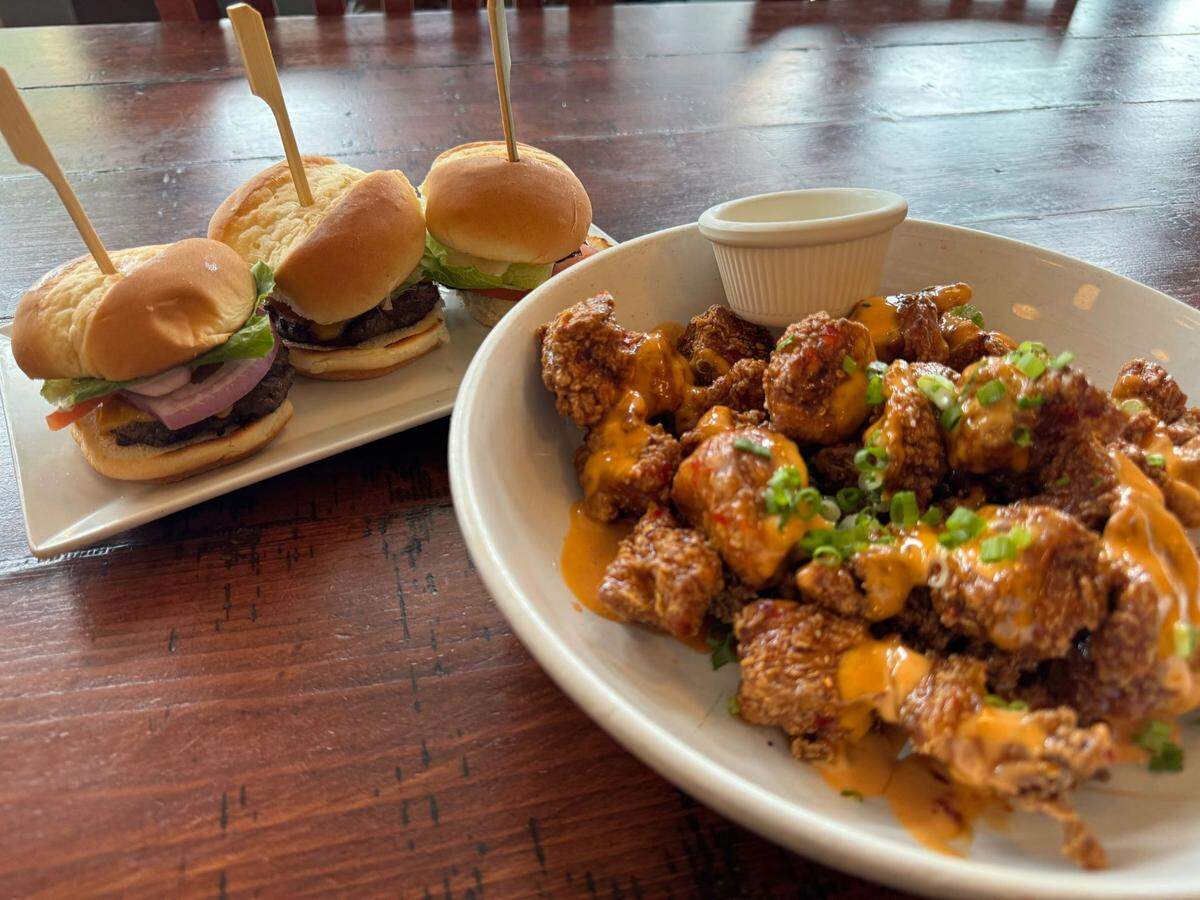 Burger sliders and hot honey chicken bites at Spada Farmhouse Brewery at 709 1st St., Snohomish, Wash. on August 23, 2024.