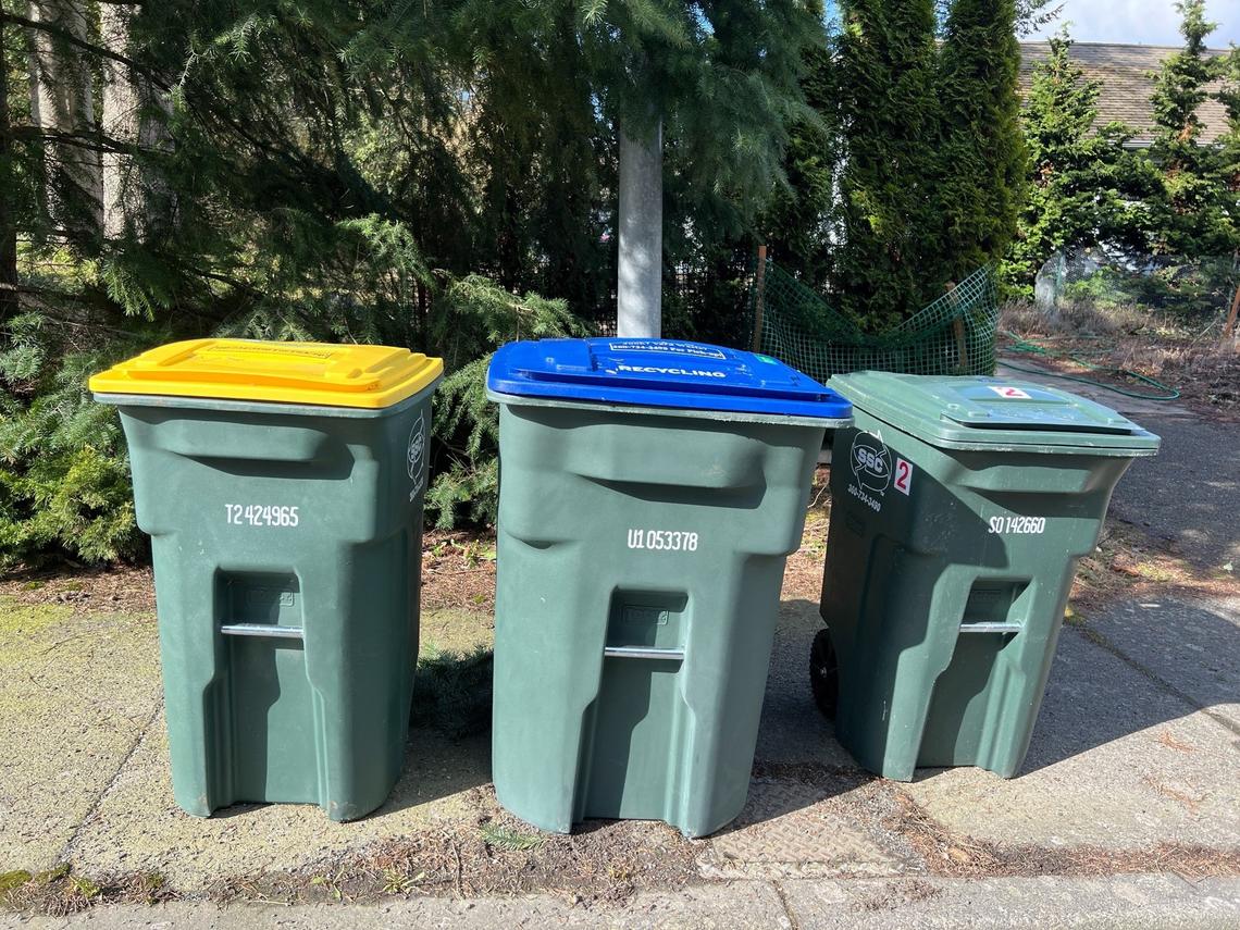 Color-coded Sanitary Service Co. toters are shown curbside on Yew Street Road near Alvarado Drive in Bellingham, Wash., on Thursday, March 7, 2024. Yellow-lidded containers are for food waste, yard debris and other organic matter; blue is for recyclable metal, paper and plastic; and green is for garbage headed to a landfill.