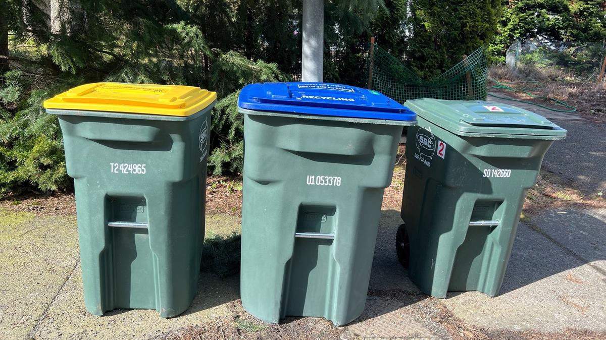 Color-coded Sanitary Service Company toters are shown curbside on Yew Street Road near Alvarado Drive in Bellingham. Yellow-lidded containers are for food waste, yard debris and other organic matter; blue is for recyclable metal, paper and plastic; and green is for garbage headed to a landfill.