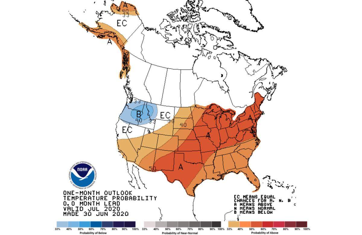 The National Oceanic and Atmospheric Administration’s Climate Prediction Center shows good chance of continued cool weather in July in the Pacific Northwest.