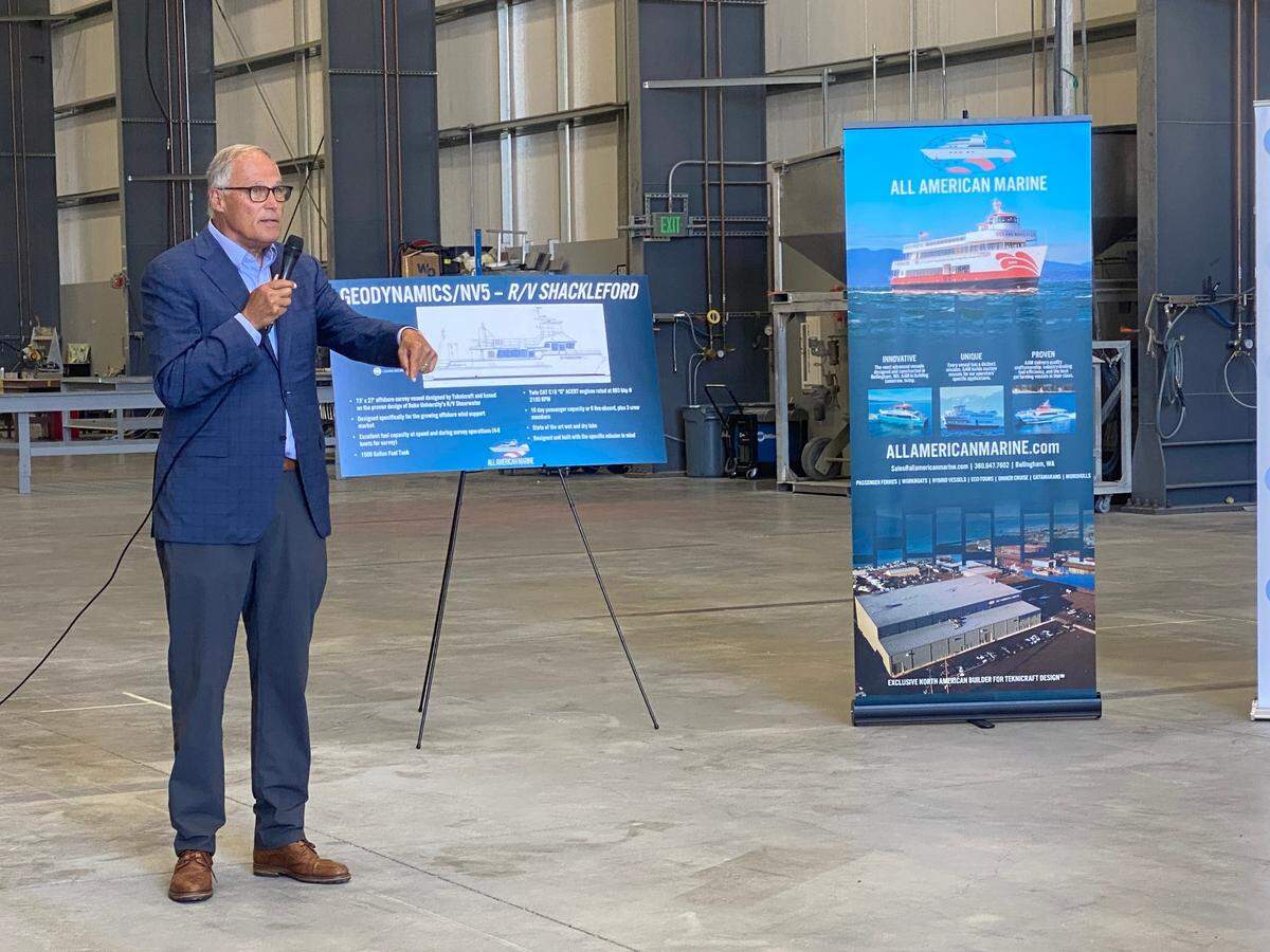 Washington Gov. Jay Inslee discusses the maritime blue economy Wednesday, July 13, while speaking at All American Marine in Bellingham. The firm is building a passenger ferry that will be the first hydrogen fuel-cell vessel in the U.S.