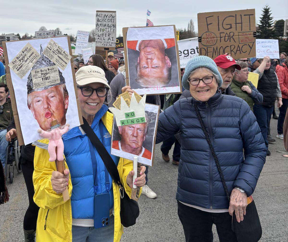 Julie Janyk, left, and Mary Murray at Bellingham’s No Kings rally March 28, 2026.