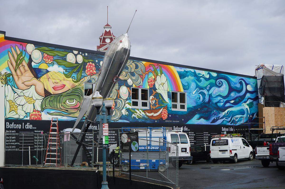 The iconic rocket art installation returned to its spot on the corner of West Holly and Bay streets Thursday, Oct. 27, in Bellingham. It was removed for maintenance for almost a year.