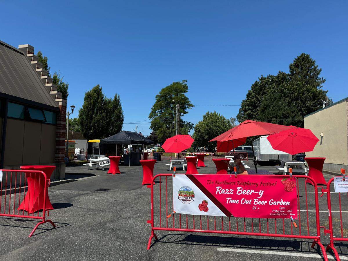 The “rasp-berry” beer garden at The Northwest Raspberry Festival in downtown Lynden, Wash. on Friday, July 19, 2024.