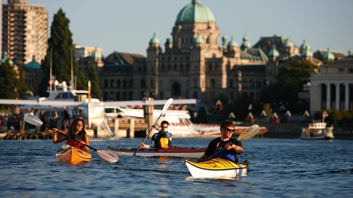 The Inner Harbour at Victoria, B.C., appeals to kayakers as well as pedestrians.