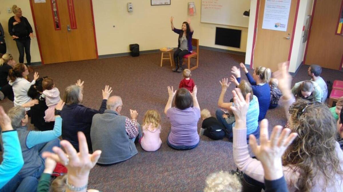 Children’s librarian Bernice Chang leads a song during a recent Little Storytime at the Bellingham Public Library.
