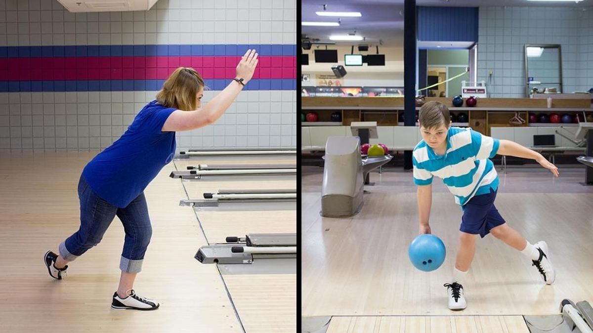 Young bowlers at Riverside Lanes in Mount Vernon, Washington, develop balance skills as they play.
