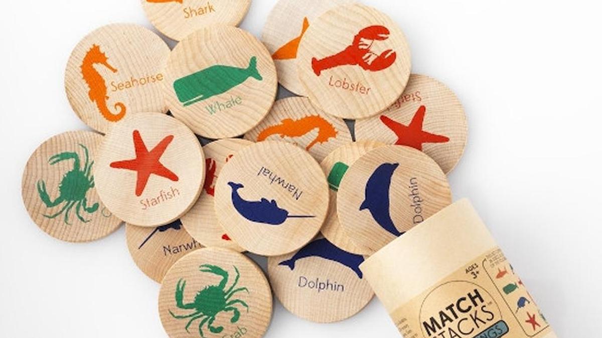 Handmade in the U.S., these Match Stacks are wood emblazoned with colorful images in themes from backyard creatures to sea life.