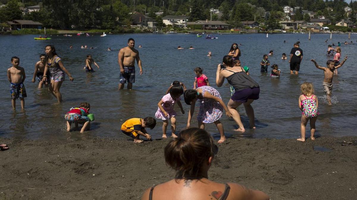 
Families take advantage of the Lake Whatcom beach at Bloedel Donovan Park in August 2014.
