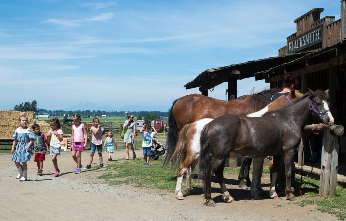 Kids walk past horses during a birthday party at Dan Cramer's Western Town on Saturday, July 8, in Lynden.