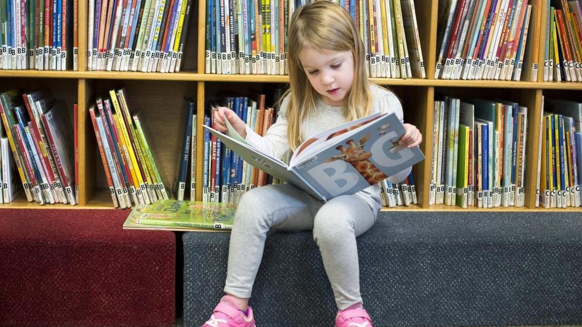 Sophia Lemperes reads a book in the children’s section of the Lynden Library in February 2016.