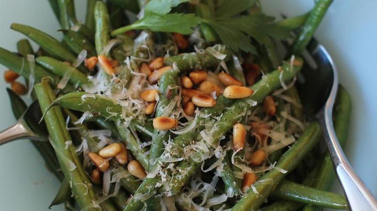 Green beans with anchovies, Parmesan and pine nuts.