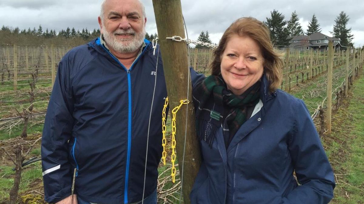 Nick and Sheila Nicholas of Anam Cara Cellars in Newberg, Ore., are pictured at the 6-acre block of vineyards they planted in the Chehalem Mountains American Viticultural Area.