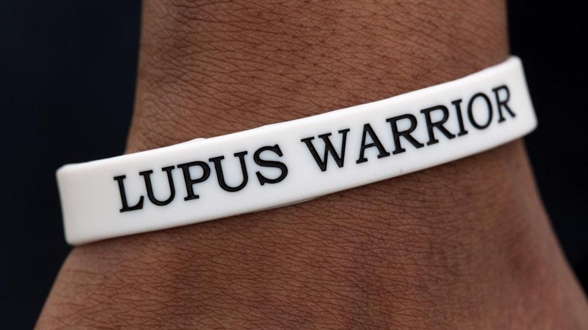 Lupus Alliance of America Michigan/Indiana Affiliate Marketing Director Sharon L. Harris wears the Lupus Warrior bracelet at the organization’s St. Clair Shores, Michigan office in March 2012.