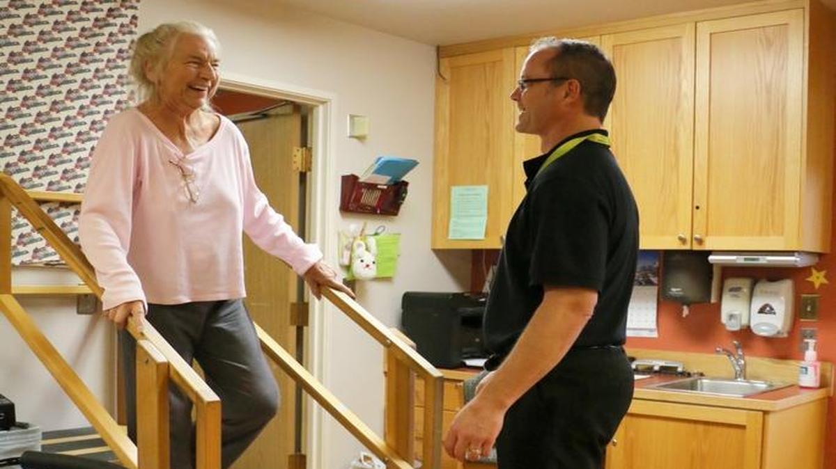 Patient Beverly Bridge, left, works with physical therapist Michael Wylie in 2016 at Stafholt Good Samaritan Center in Blaine.