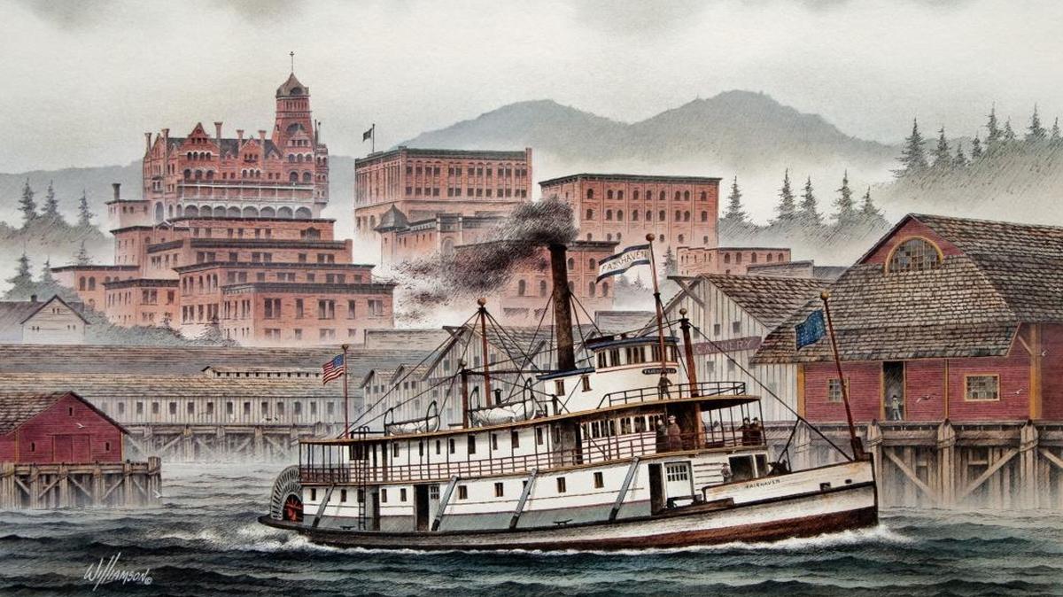 “Fairhaven,” by James Williamson of Ferndale, is a mixed-media painting with pen and ink, colored pencil, pastels, and watercolors on archival drawing paper.