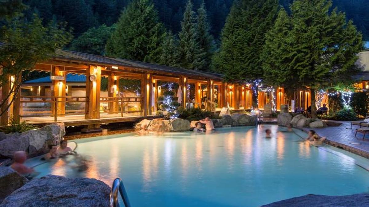 Harrison Hot Springs Resort & Spa features three outdoor pools; a hot springs one for families, a lap pool, and an adults-only pool.
