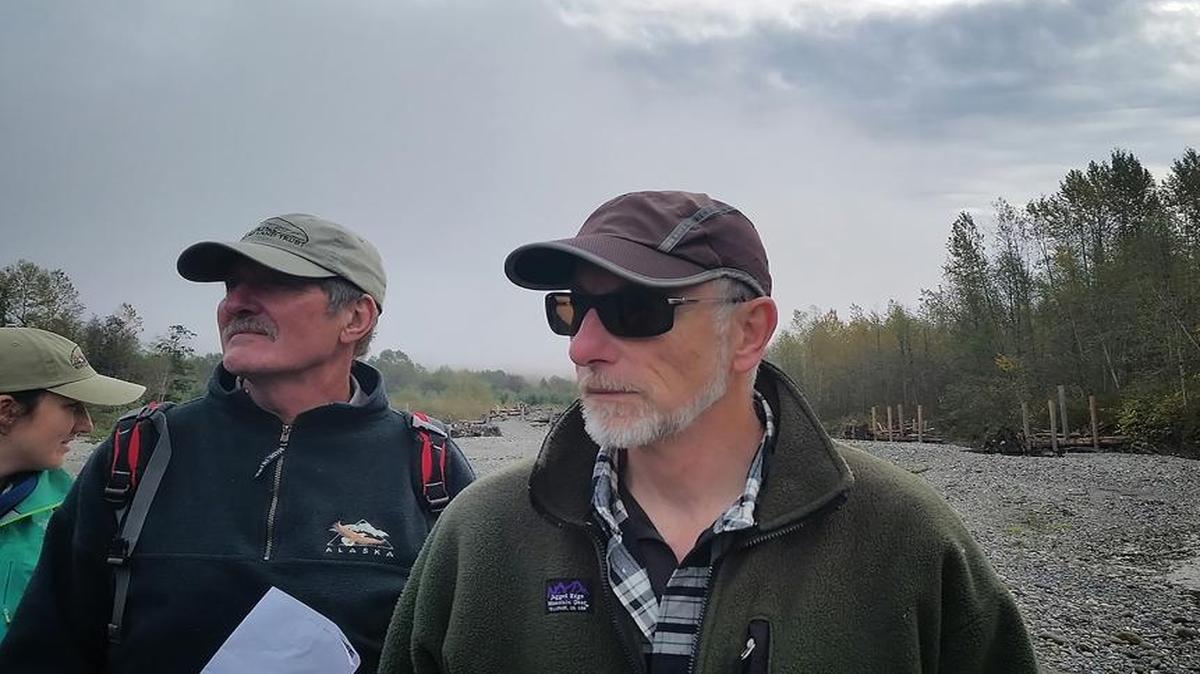 Intern Kaitlyn Hammon, left, volunteer coordinator Dennis Conner and executive director Rich Bowers enjoy a Whatcom Land Trust staff field trip to the south fork of the Nooksack River in October 2015.