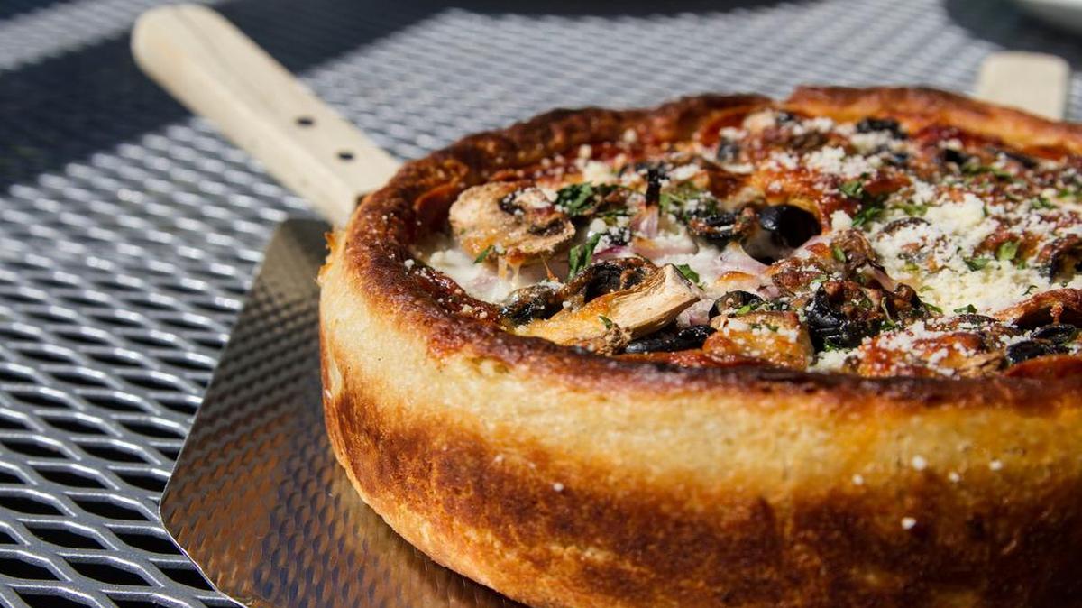 
At Fat Pie Pizza you can choose between three styles of pizzas (Chicago, Brooklyn, and Detroit) and many combinations; pictured is the “Chicago Style Uno” pizza.
