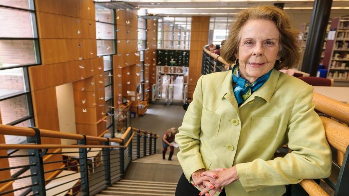 Retired Western Washington University director of communications Lynne Masland, at Whatcom Community College’s library in May 2016, funds a scholarship for single women studying at WCC. She also raises money for scholarships at WCC and Bellingham Technical College through Bellingham Sunrise Rotary.