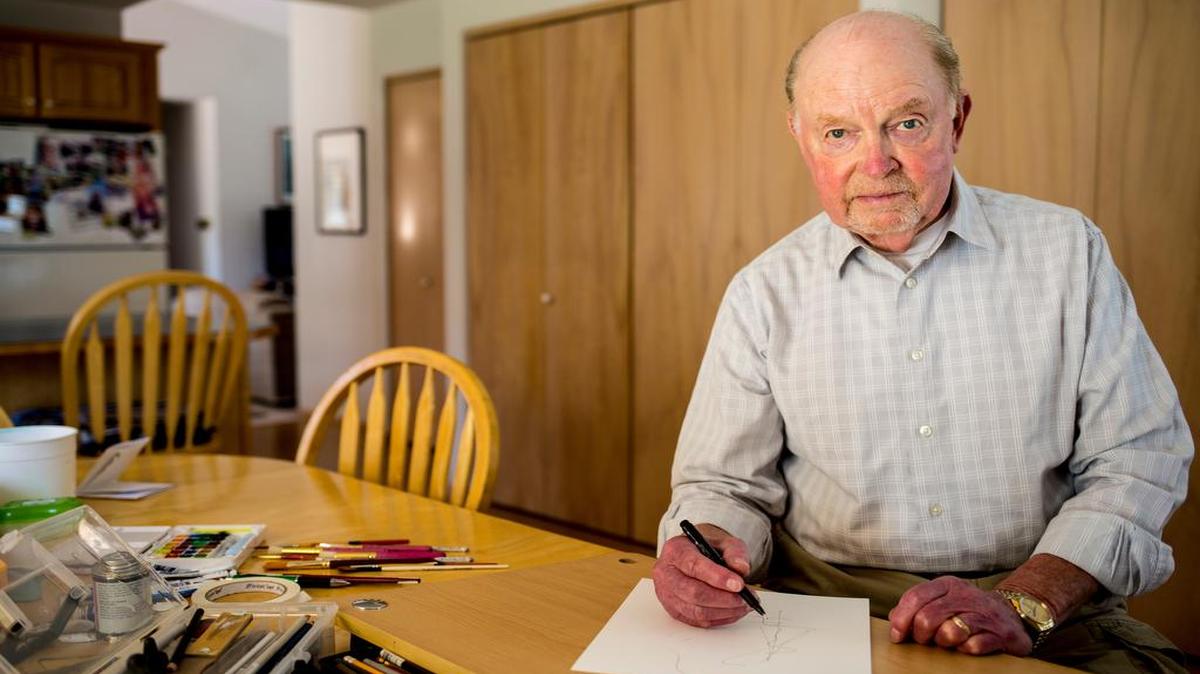 
Bellingham artist Jerry Axlund does most of his work at home. A retired professional artist, he paints watercolors of historic downtown Bellingham buildings and draws warplanes.
