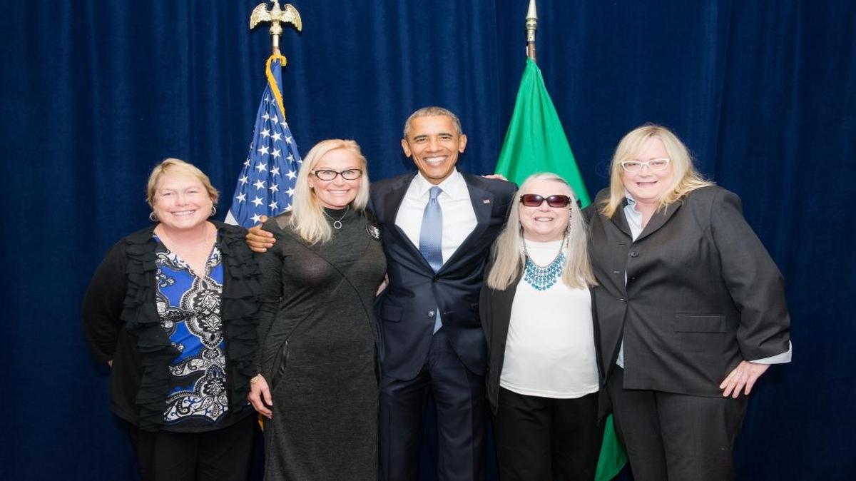 Bellingham Democrat Maggie Hanson, second from right, met President Obama at a fundraiser for U.S. Sen. Patty Murray in Seattle on Oct. 9, 2015. Joining Hanson and the president for a photo were Tammy Hanson Jones, Maggie’s oldest daughter, left; Marci Hanson Haskell, her youngest daughter; and daughter Heidi Hanson.