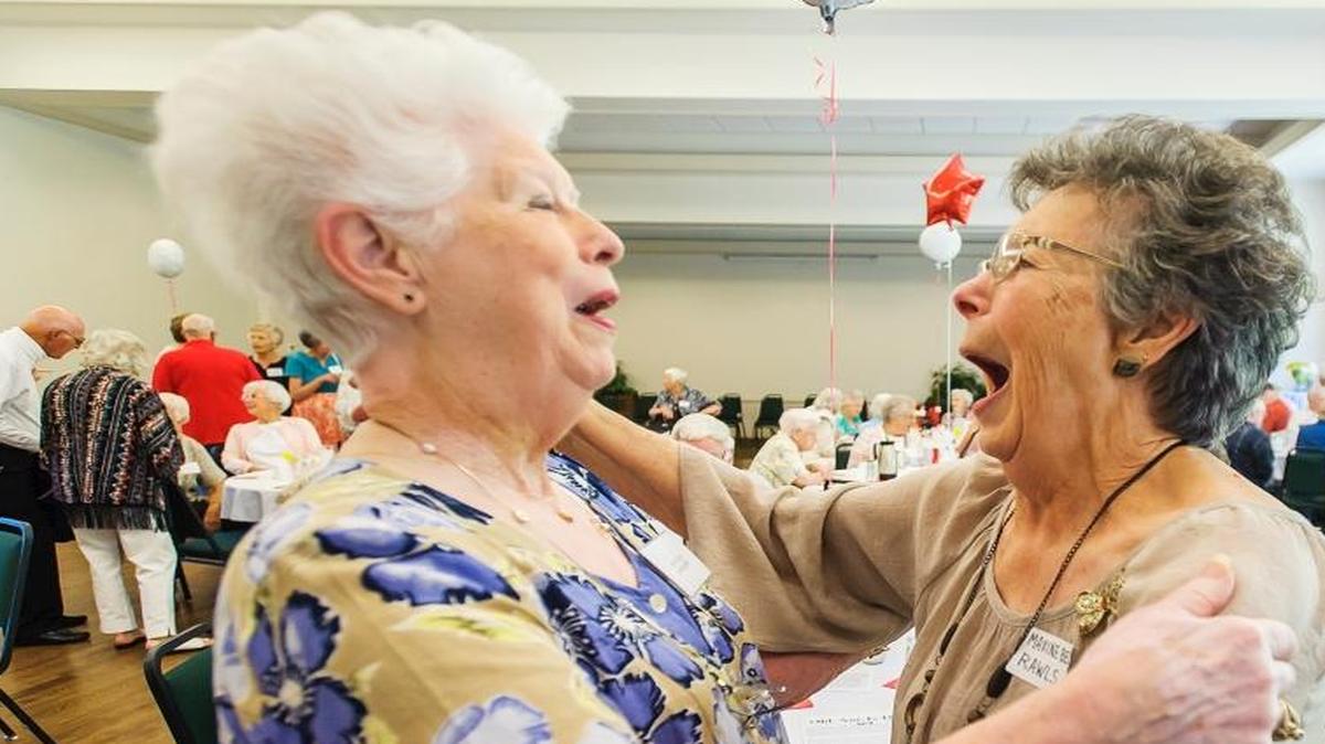 Longtime friends Fontella Lindquist, left, and Maxine Bell Rawls reunite during the 70th reunion for the Bellingham High School Class of 1946 on Aug. 14, 2016, at Northwood Hall in Bellingham. Although they attended separate high schools, they have known each other since grade school.