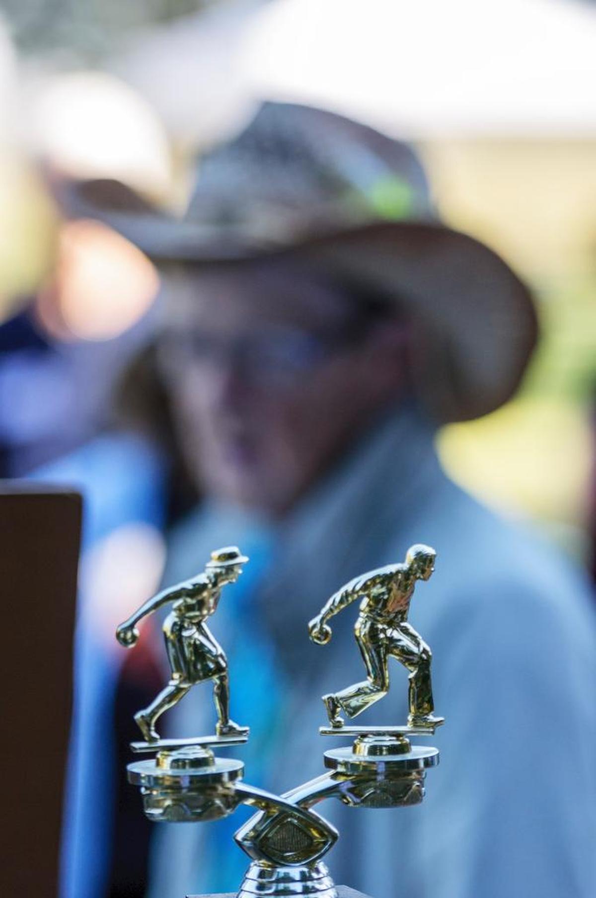 The trophy for the 2017 All County Bocce Tournament winner waits to be taken as a prize at Bender Fields on Monday morning August 28, 2017, in Lynden, Wash. Lynden senior center director Cathi LeCocq (cq) said 10 teams from the Lynden, Blaine, Bellingham, and Ferndale senior centers participated in the tournament. She said the seniors played to win “trophy and bragging rights” with the winner’s being named on the trophy.