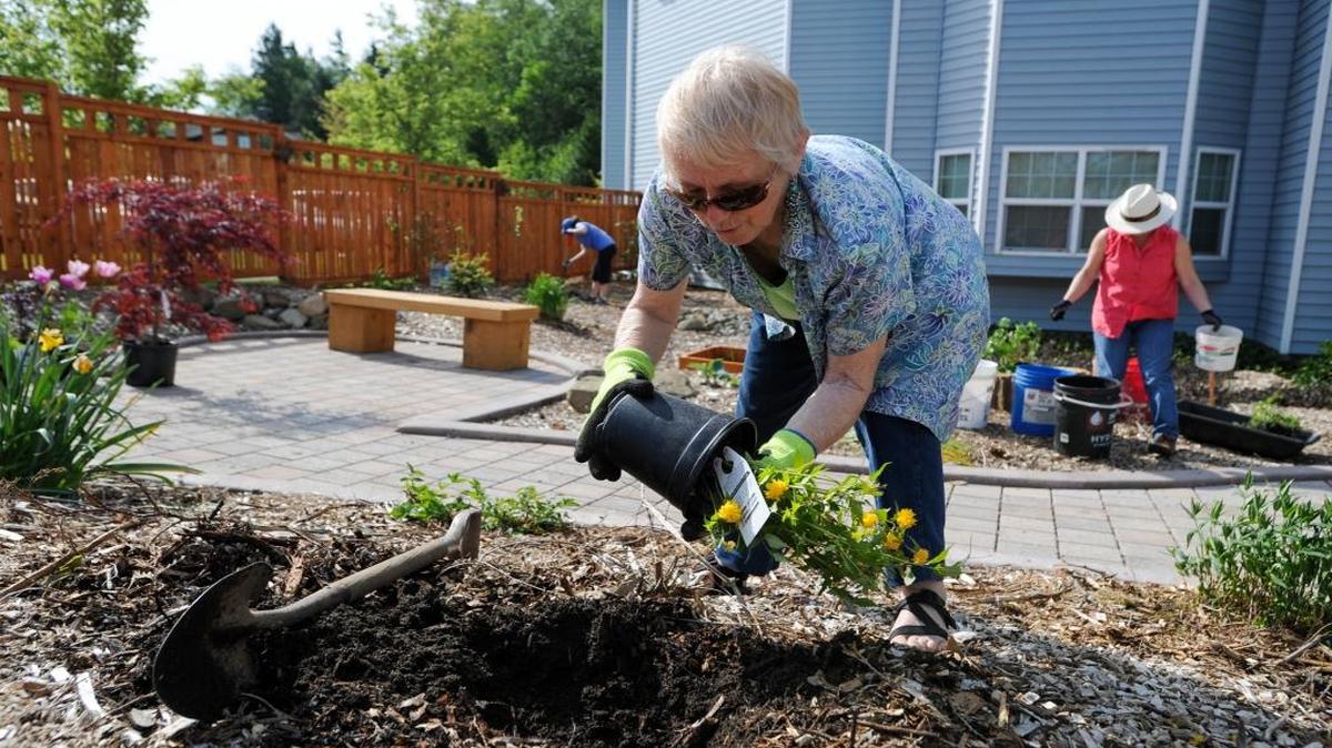 Master Gardener Kathleen Bander, shown in May 2014, led the effort to establish a butterfly garden at North Cascades Health and Rehabilitation Center in north Bellingham.