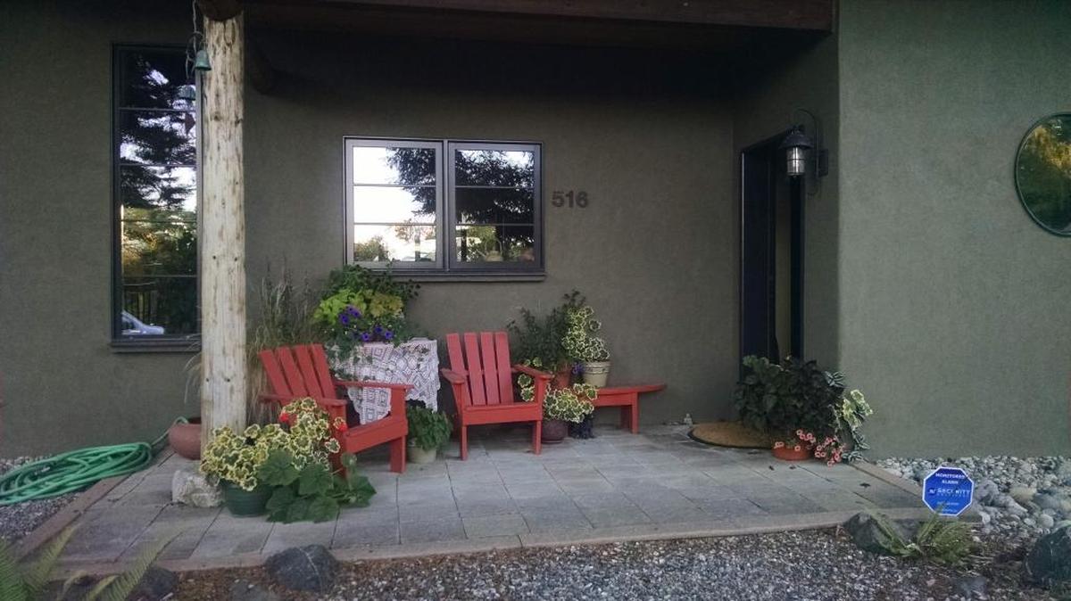 The entry to Cindi Landreth’s house is a no-step entry, to reduce the risk of falls. She and her husband, Rick Dubrow, likely will change the gravel to a safer walking surface.