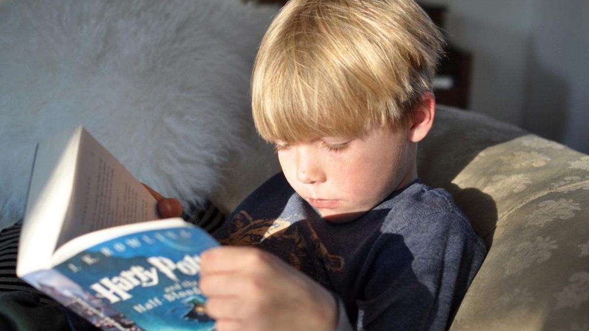 The author’s oldest son reads “Harry Potter;” some educators and parents argue that too much homework leaves little time for activities such as outdoor play and reading.