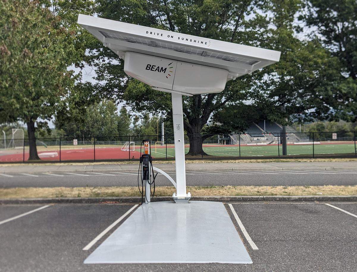 A solar-powered electric vehicle charging station at Civic Field in Bellingham.