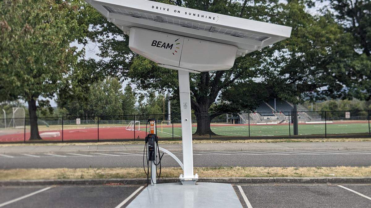 A solar-powered electric vehicle charging station at Civic Field on Aug. 16, 2024, in Bellingham, Wash. It was installed during phase two of the Electrification of Transportation project.