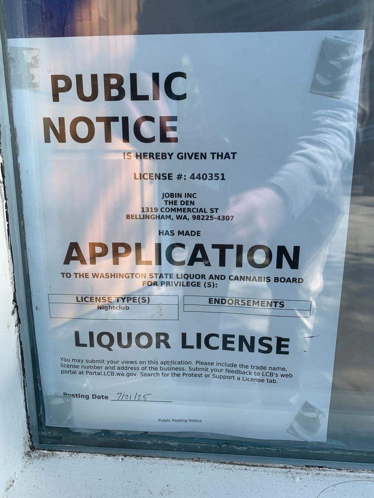 A posted application notice for a liquor license for a new nightclub at 1319 Commercial St. in Bellingham, Wash.